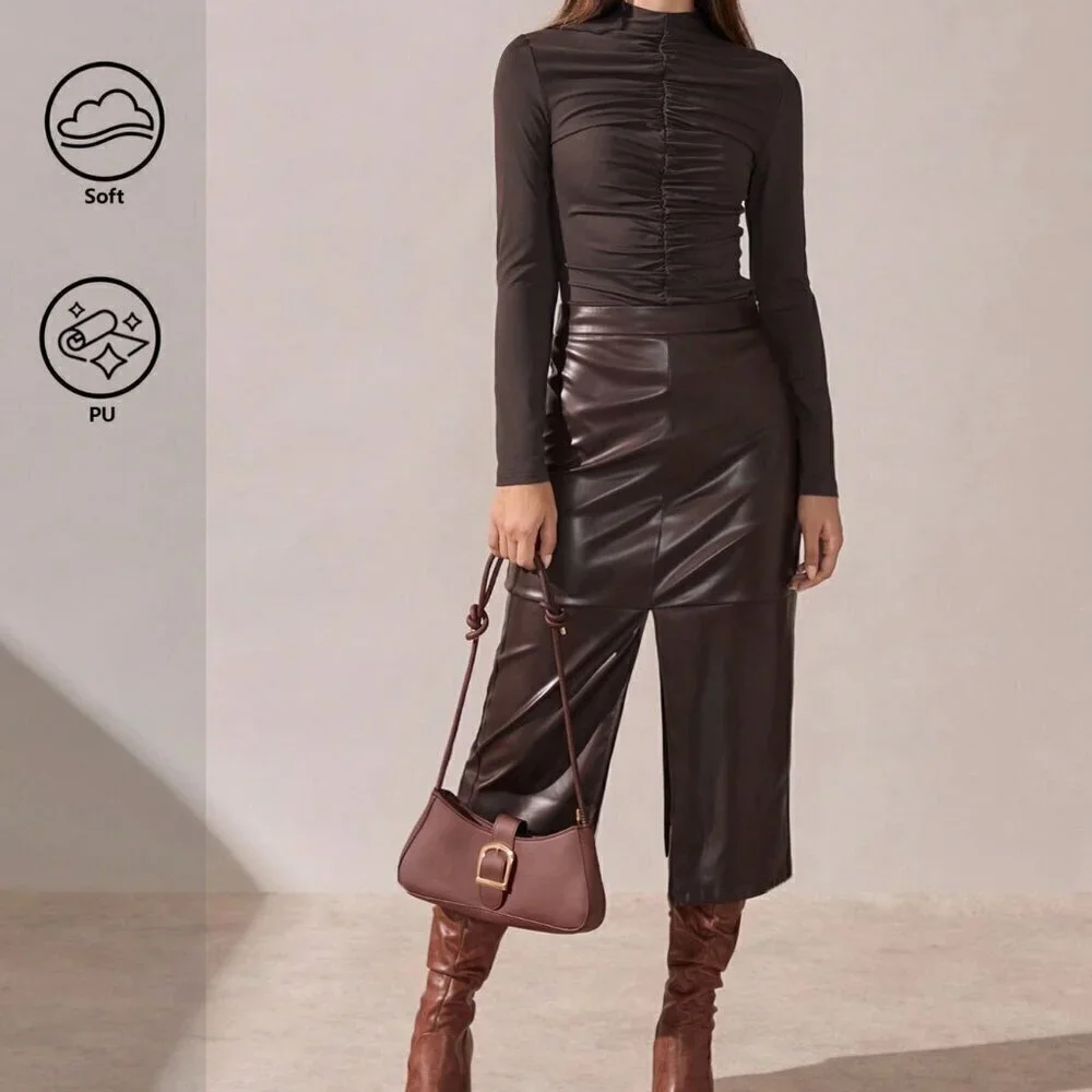 Brown Casual Women's Elegant A-Line Split Hem faux leather Skirt